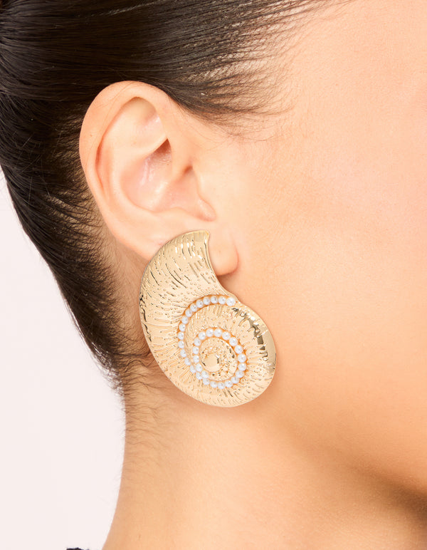 Gold Pearl Swirl Shell Earrings