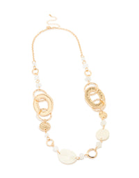Gold Pearl Molten Link Disc Necklace - link has visual effect only