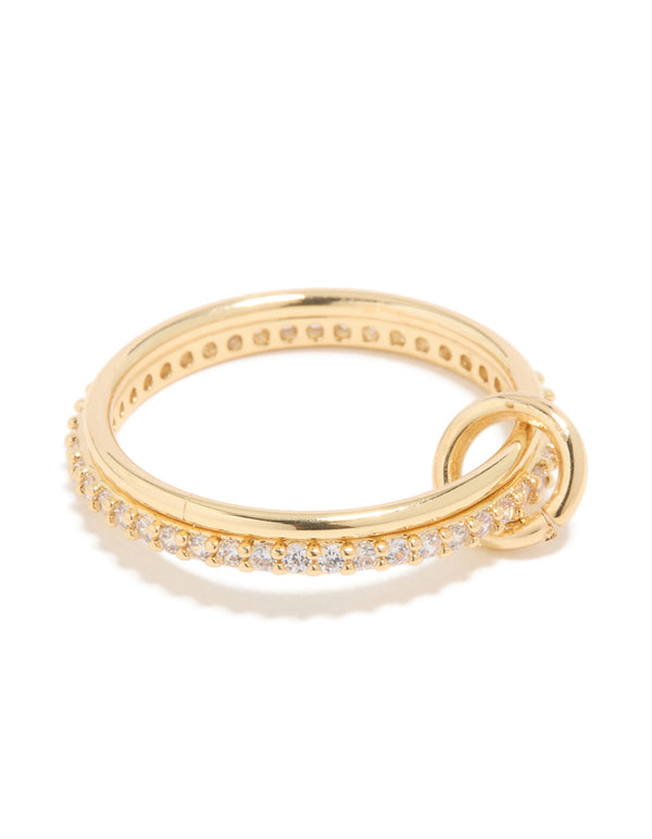 Showcasing a gold plated ring with cubic zirconia and simple loop design front view