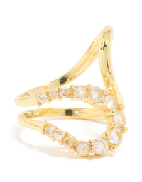 Beautifully crafted waterproof gold plated stainless steel opposite cubic zirconia swirl ring front view - link has visual effect only
