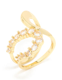Showcasing a waterproof gold plated stainless steel opposite cubic zirconia swirl ring side detail view - link has visual effect only
