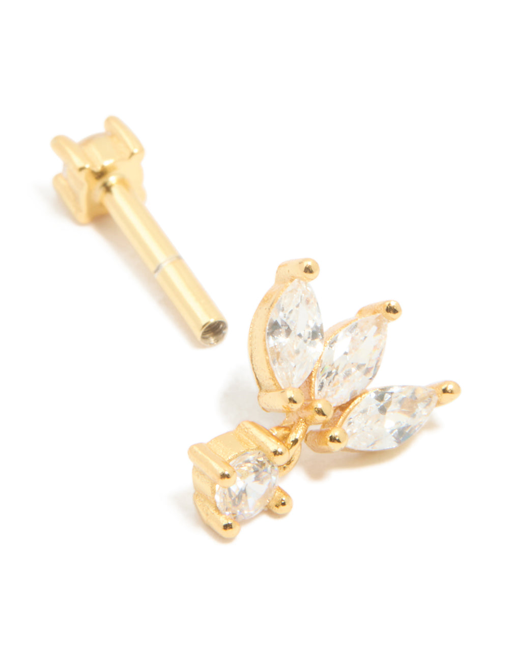 Presenting gold plated sterling silver cubic zirconia fan marquise single flat back stud close up view