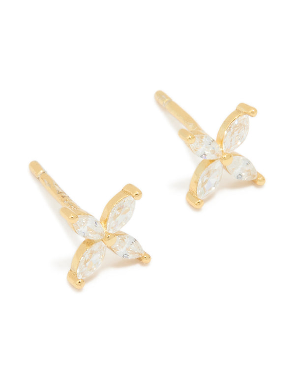 Waterproof Gold Plated Stainless Steel Cubic Zirconia Flower Stud Earrings