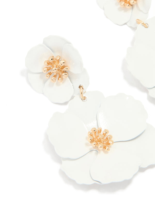 Gold White Coated Metal Flower Drop Earrings