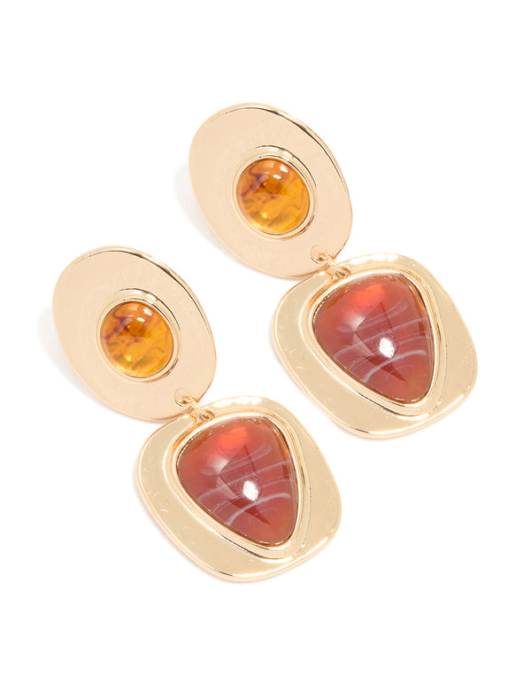 Gold Red & Orange Stone Drop Earrings