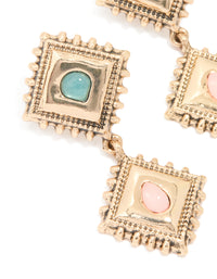 Antique Gold Pink & Blue Stone Square Layered Drop Earrings - link has visual effect only