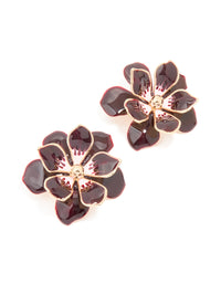 Gold Dark Red Flower Enamel Small Stud Earrings - link has visual effect only