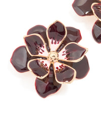 Gold Dark Red Flower Enamel Small Stud Earrings - link has visual effect only
