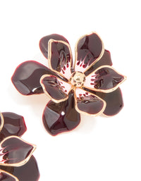 Gold Dark Red Flower Enamel Small Stud Earrings - link has visual effect only