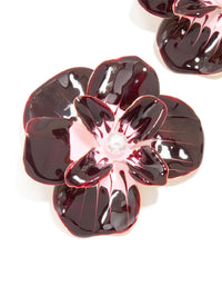Gold Dark Red Enamel Pearl Flower Stud Earrings - link has visual effect only
