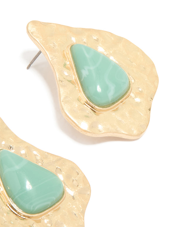 Antique Gold Aqua Beaded Textured Drop Earrings