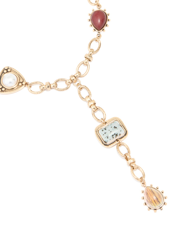 Antique Gold Marble Beaded & Pearl Y-Necklace
