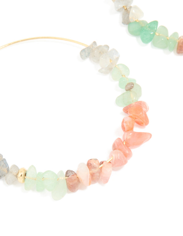Gold Plated Multicoloured Semi Precious Stone Chip Hoop Earrings