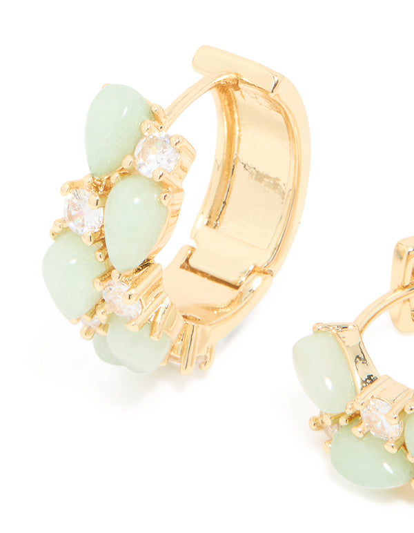 Gold Plated Green Semi Precious Stone & Cubic Zirconia Hoop Earrings