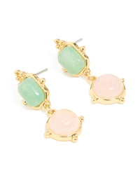 Gold Plated Rose Quartz & Green Semi Precious Stone Detail Outline Drop Earrings - link has visual effect only