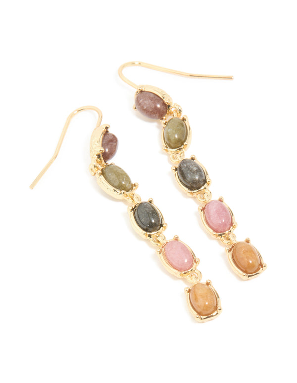 Gold Plated Oval Multicoloured Semi Precious Stone Hook Earrings