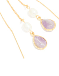 Gold Plated Freshwater Pearl & Amethyst Teardrop Thread Through Earrings - link has visual effect only