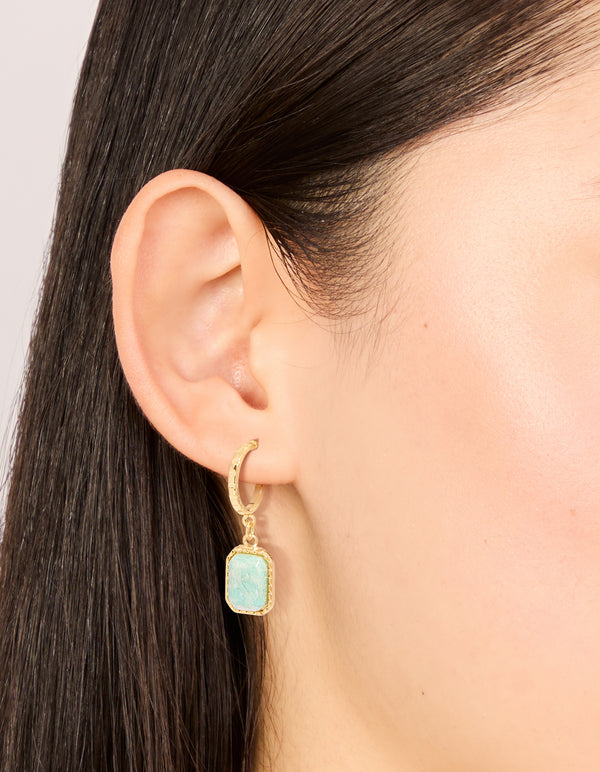 Gold Plated Blue Semi Precious Stone Rectangular Hoop Earrings