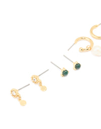 Gold Plated Green Semi Precious Stone & Freshwater Pearl Earrings 4-Pack - link has visual effect only