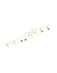 Gold Plated Dark Green Semi Precious Stone & Freshwater Pearl Earrings 4-Pack - link has visual effect only