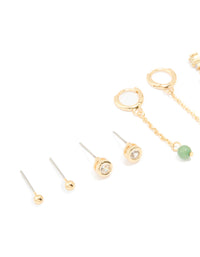 Gold Plated Green Semi Precious Stone Chain Drop & Stud Earrings 4-Pack - link has visual effect only