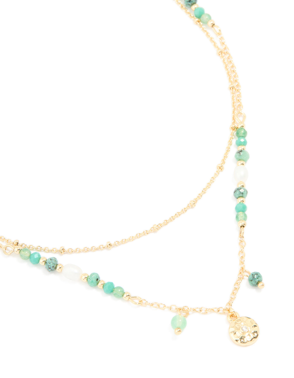 Gold Plated Aqua Beaded Semi Precious Stone & Disc Layered Necklace