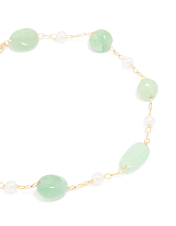 Gold Plated Green Semi Precious Stone & Mini Pearl Bracelet