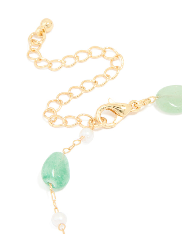 Gold Plated Green Semi Precious Stone & Mini Pearl Bracelet