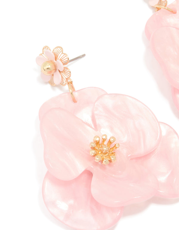 Gold Pink Acrylic Flower Drop Earrings