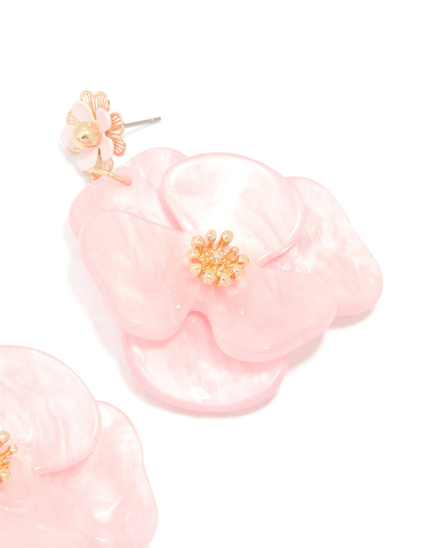 Gold Pink Acrylic Flower Drop Earrings