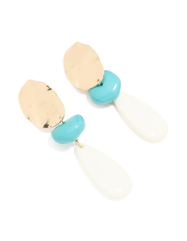 Gold White & Blue Stone Organic Large Drop Earrings