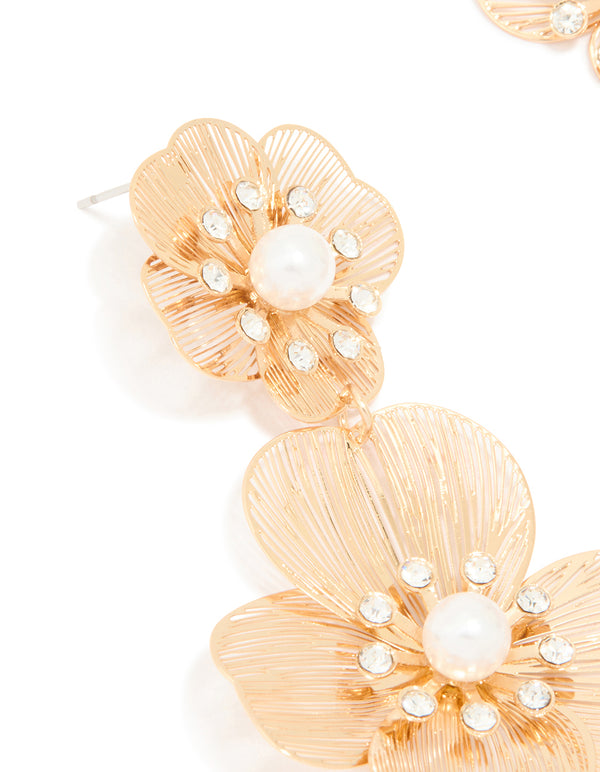 Gold Pearl Flower Drop Earrings