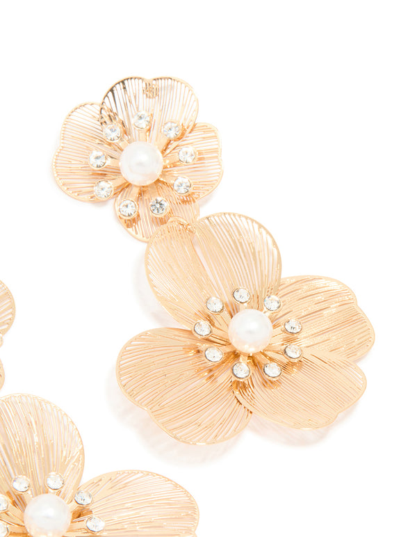 Gold Pearl Flower Drop Earrings
