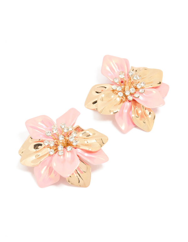 Gold Pink Coated Metal Diamante Flower Earrings