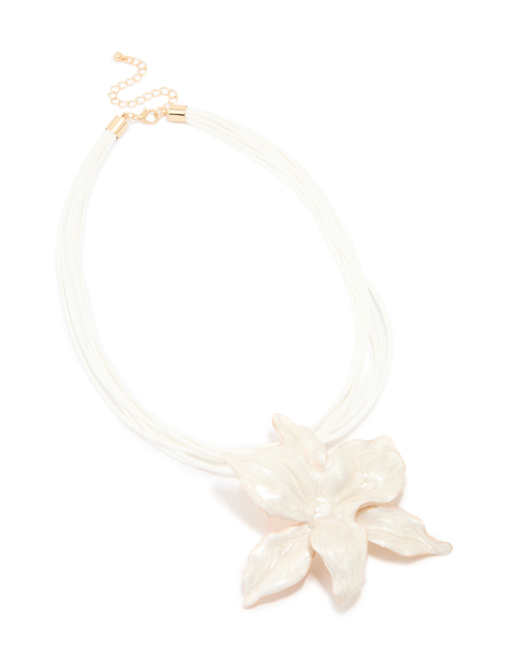 Gold White Enamel Orchid Cord Necklace