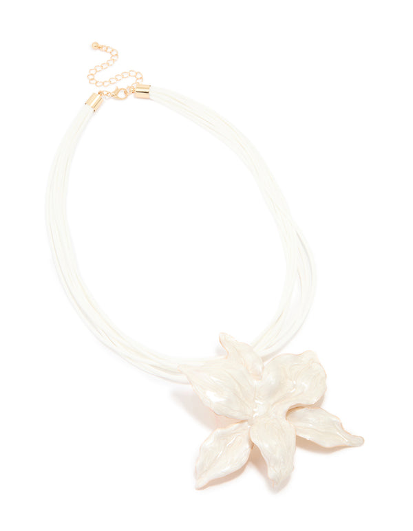 Gold White Enamel Orchid Cord Necklace