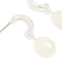 Silver Plated Freshwater Pearl Drop Huggie Earrings - link has visual effect only