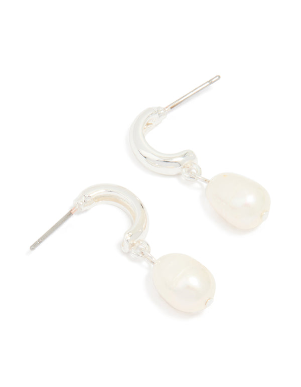 Silver Plated Freshwater Pearl Drop Huggie Earrings