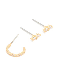 Gold Plated Cubic Zirconia Dainty Stud & Huggie Earrings 4-Pack - link has visual effect only