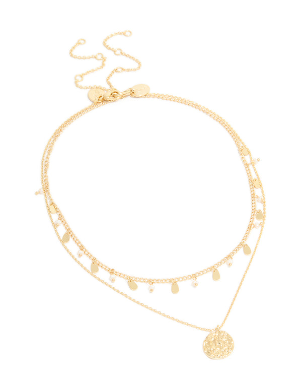 Gold Plated Pearl Charm & Molten Layered Necklace