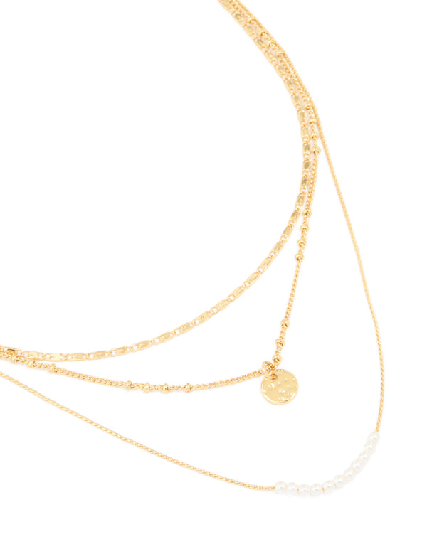 Gold Plated Fine Beaded & Disc Layered Necklace