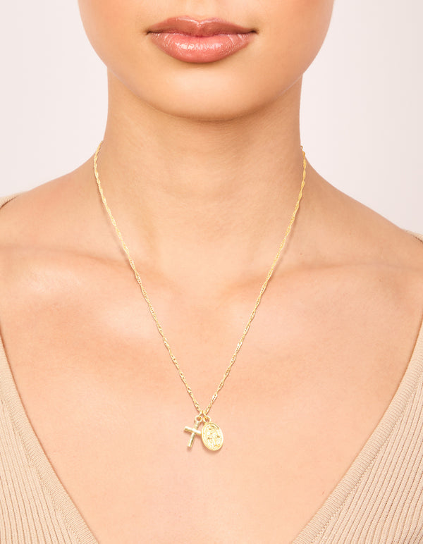 Gold Plated Cross & Coin Necklace