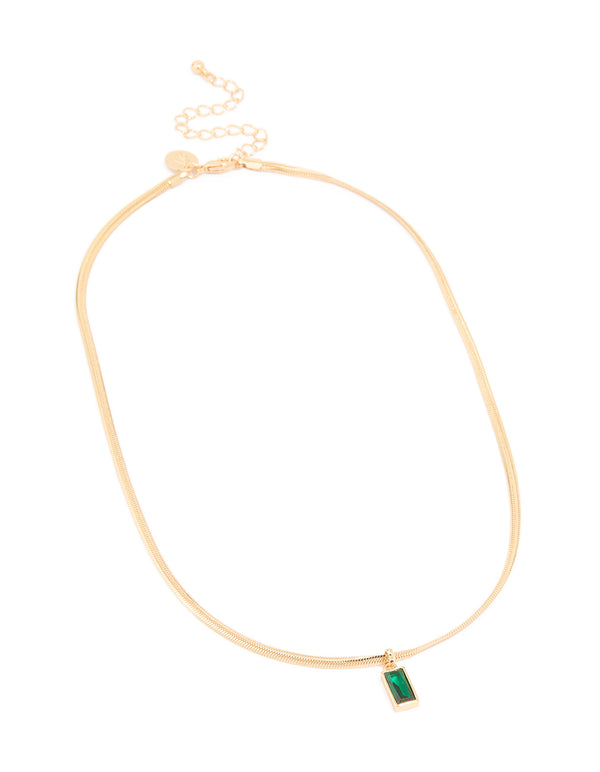 Gold Plated Green Cubic Zirconia Baguette Pendant Necklace
