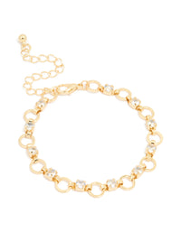 Gold Plated Cubic Zirconia Alternating Round Link Bracelet - link has visual effect only
