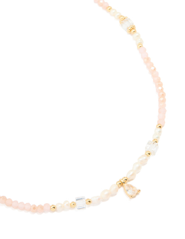 Gold Plated Rose Quartz Freshwater Pearl Cubic Zirconia Beaded Necklace