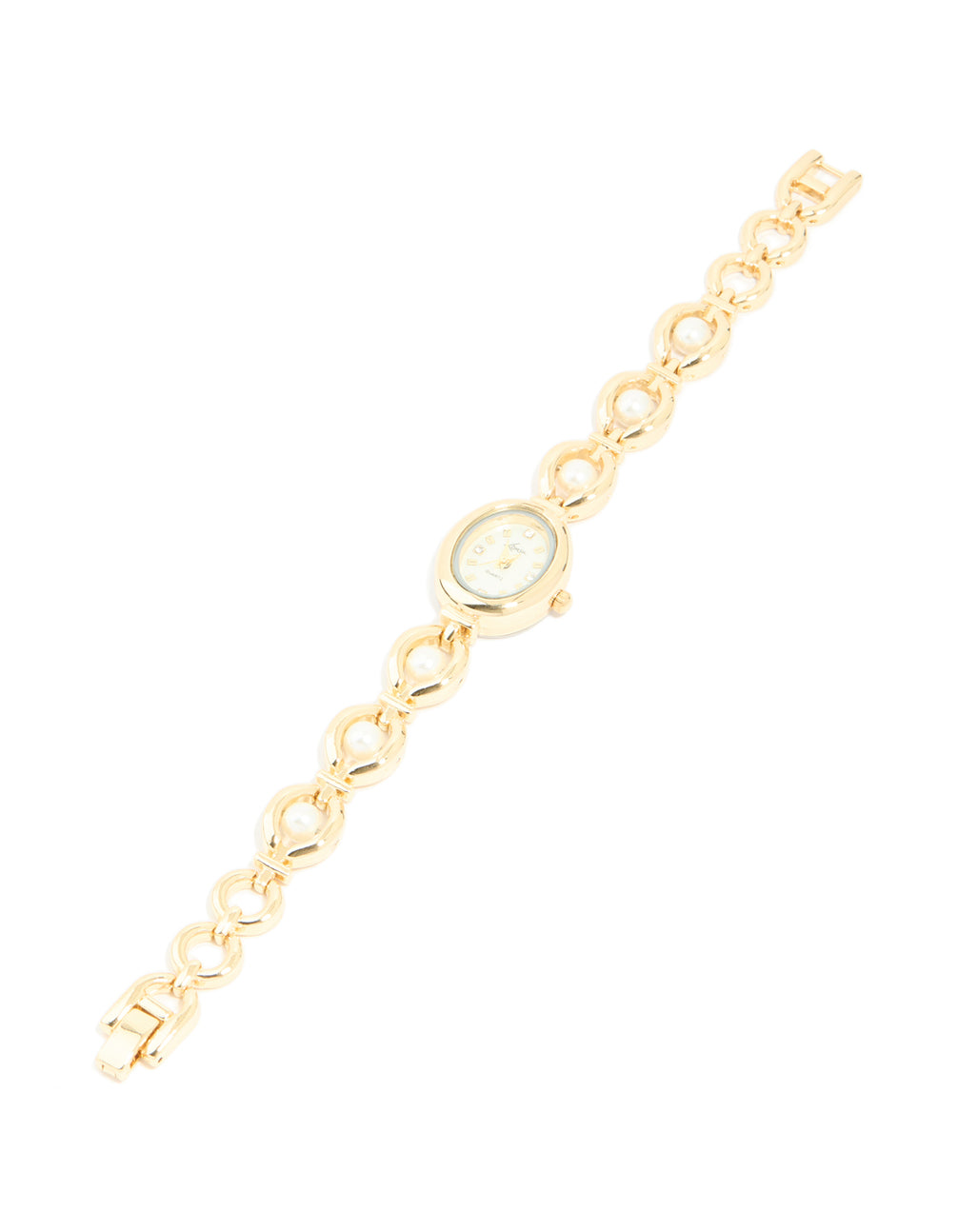 Crafted with pearl embellishments and charm details, this watch features white dial with numbers, casual occasion styling, analog movement, women's link-band bracelet in gold front view