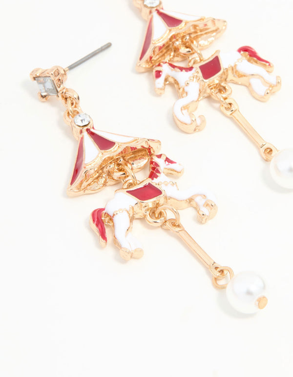 Gold Pearl Carousel Horse Drop Earrings