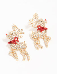 Gold Diamante Reindeer With Red Bow Earrings - link has visual effect only