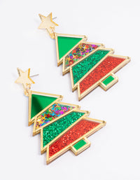 Gold Red & Green Acrylic Festive Tree With A Star Drop Earrings - link has visual effect only