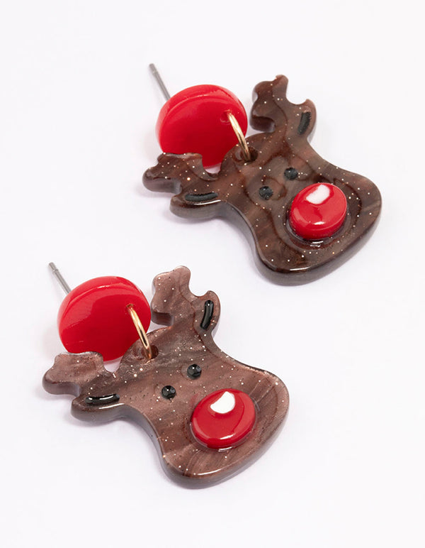 Brown Acrylic Red Nosed Reindeer Head Drop Earrings